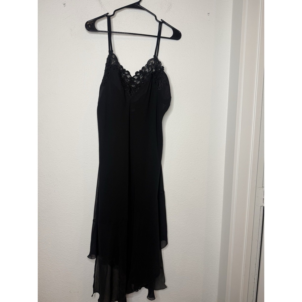 Vtg Y2k Women's Solid Black Bead Embroidered Angel Maxi Dress, Size L Slip Dress